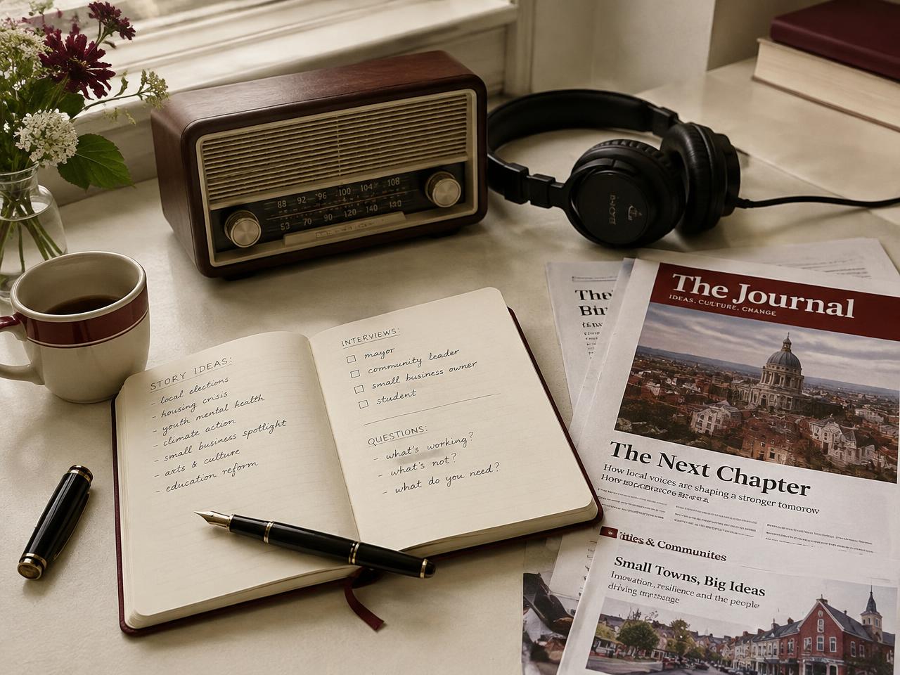 Mesa de trabalho com caderno, rádio antigo e revistas